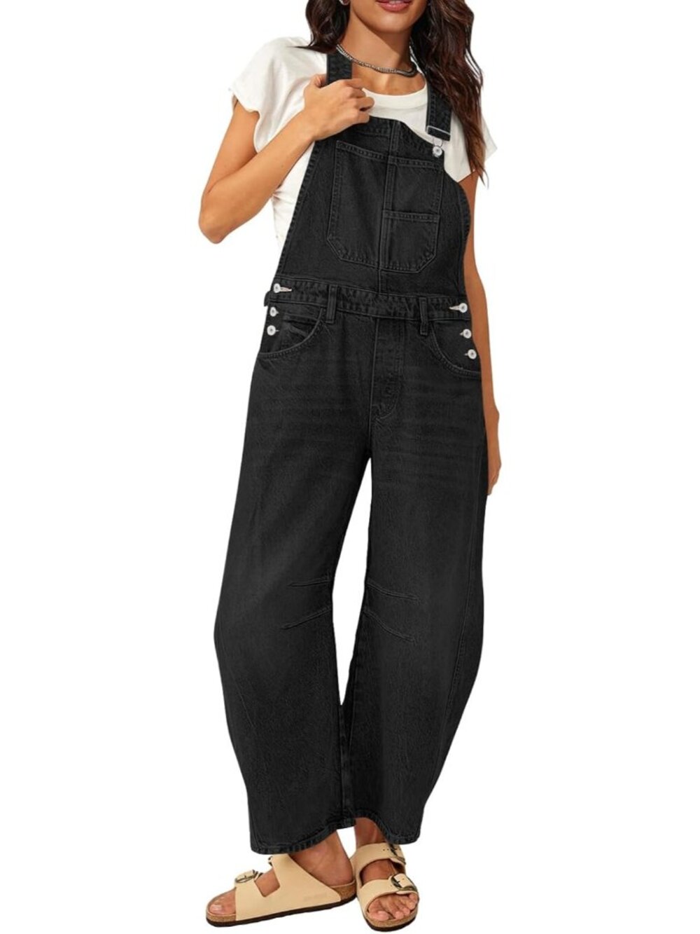 Women's Classic Black Barrel Overalls Denim Jumpsuits Loose Jeans Bib Romper